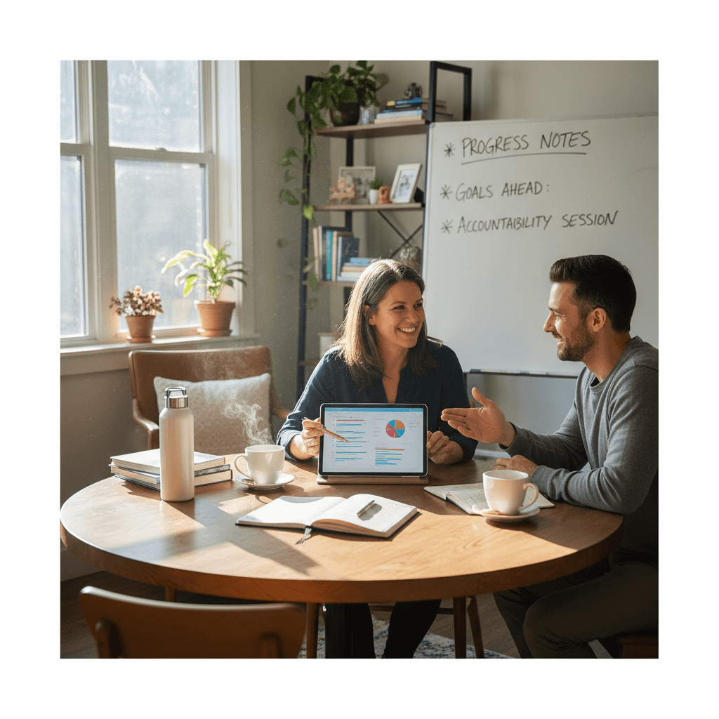 Mentor reviewing client progress and providing feedback