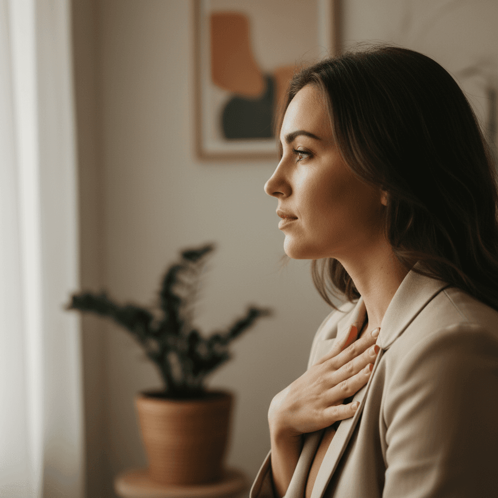 Client in reflective moment during life coaching session