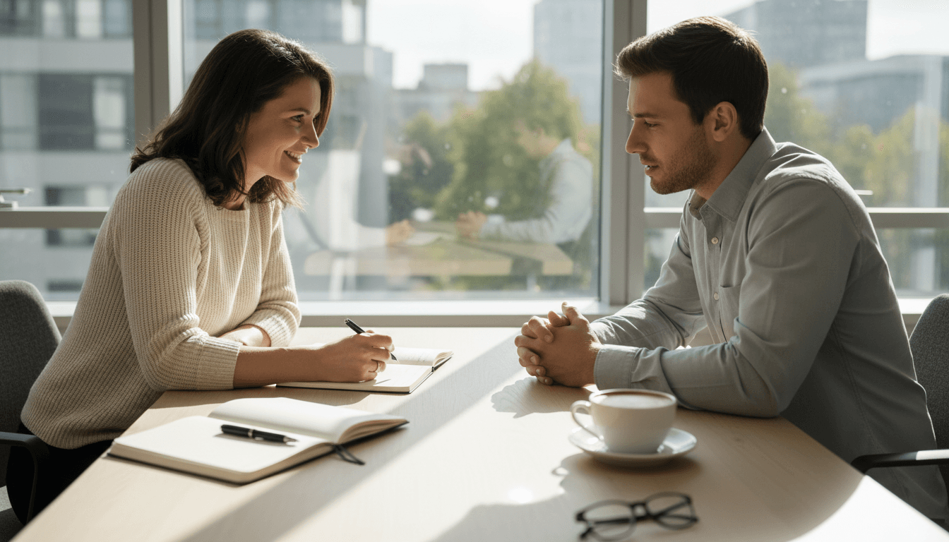 Professional coaching session with mentor and client in a modern, welcoming office environment