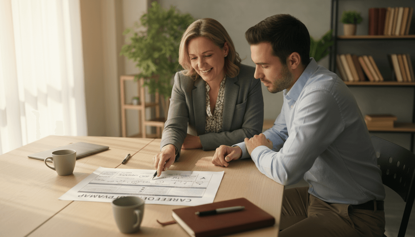 Mentor and client reviewing progress and goals together